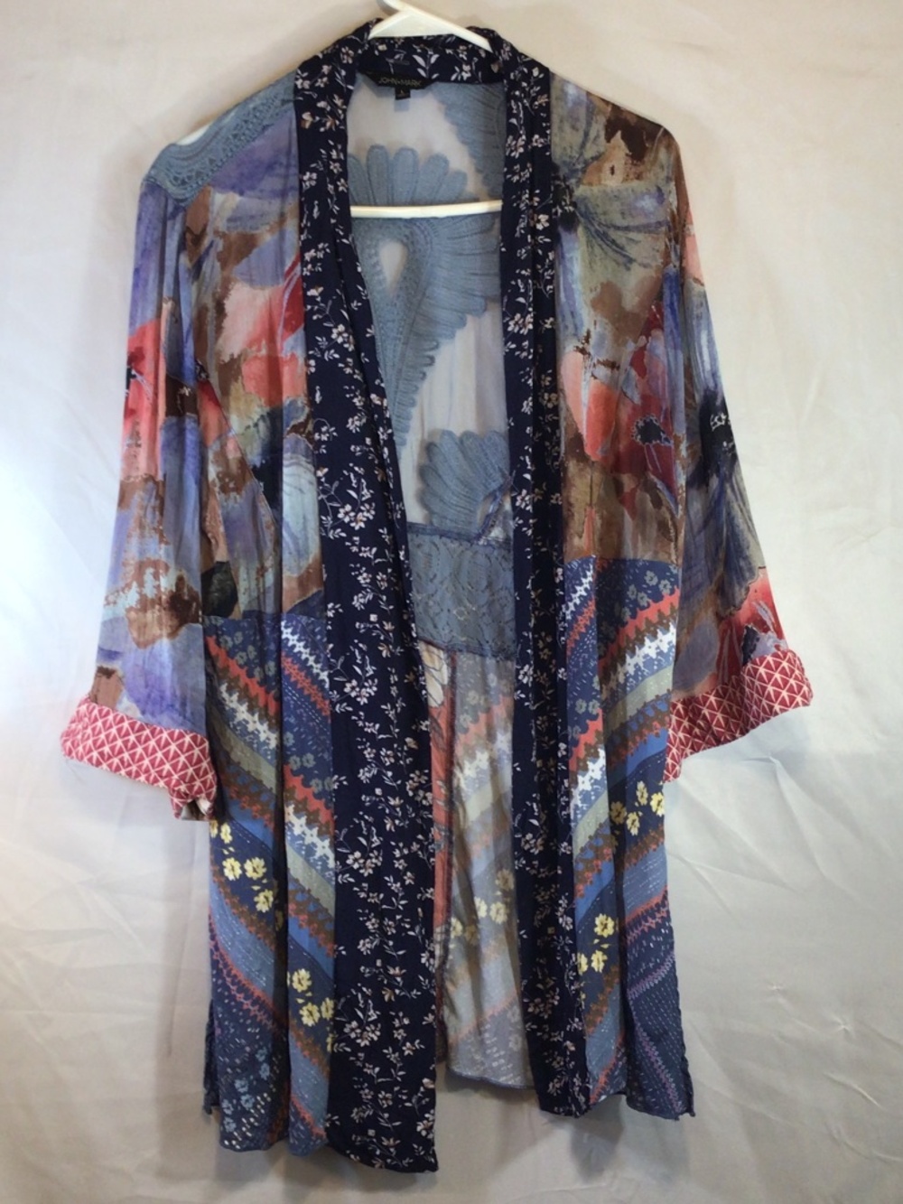 john mark women open front kimono L 3/4 sleeves floral patchwork artsy hippie